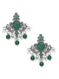 OOMPH Jewellery Oxidised Silver Green Stone with Beads Ethnic Drop Earrings For Women & Girls Stylish Latest (ECK100_Z)- For Women & Girls Stylish Latest