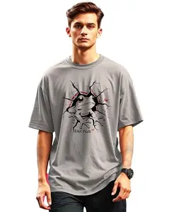 ENITOR Mens Cotton Blend Oversized Round Neck T-Shirts Grey