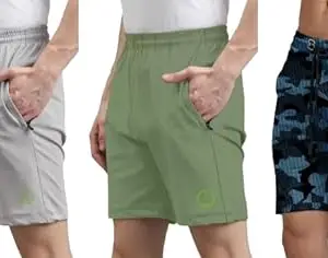 Shine N Show Men's Cotton Blend Stylish, Solid Regular Fit Shorts (Light Grey/Pista/MultiBlue XL)(Pack of 3)