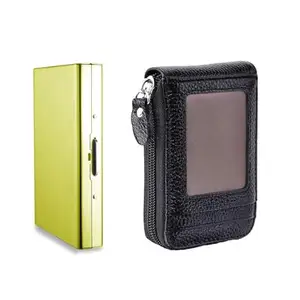 Stealodeal RFID Protector Stainless Steel 8 Slot with RFID Blocking Leather ATM/Credit/Debit 9 Cards Slots & 2 Cash Slots & 1 ID Slots Men/Women Card Holder (Gold & Black)