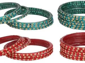 Somil Combo Of Party & Wedding Colorful Glass Bangle/Kada, Pack Of 24, Radium & Red