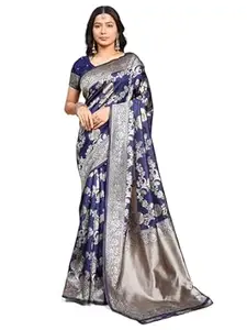 BRAAFEE Women's Banarasi Silk Saree with Unstitched Blouse Piece, Traditional Zari Woven Jacquard