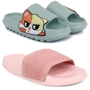 Pampy Angel Combo Pack of 2 Slipper/Flip Flops/Slides for Women,(Pika-Green,Fly-Plain-Pink),41 (Euro)