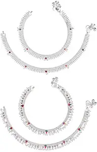 AanyaCentric Pack of 2 Pair, Indian Traditional Ethnic White Metal Anklet Pair Silver Leg Bracelet For Women Payal Girls Kolusu