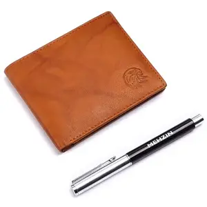 MEHZIN Men Formal Solid Tan Genuine Leather Wallet with Pen (3 Card Slots)