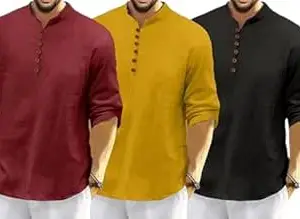 FINIVO FASHION Combo of Men’s Casual Full Sleeve Kurta Style Shirt with Button Placket |Regular Fit Ethnic Fusion Wear| Lightweight Breathable Fabric |for Daily & Festive Use Pack of 3