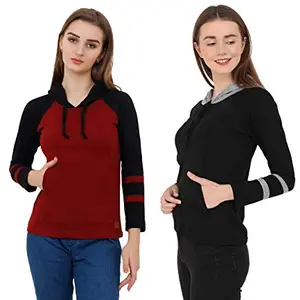 Reifica Women's Regular Fit Full Sleeves T-Shirts Combo Pack of 2 | 100% Cotton Bio-Washed Casual Tops Combo (Maroon_Black-Black_Grey, Medium)