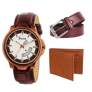 Zesta Gift Combo for Men of Day and Date Analog Watch for Men with Brown Wallet and Belt | Gift for Men | Watch and Wallet Combo Watches for Men Gift