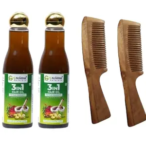 G Krishna Naturals Combo Pack of Hair Brushes Wooden Neem Comb & 3 in1 Hair Oil for Women & Men (Pack of 2 Each)(GKNPC2-02)