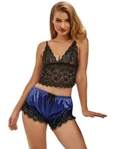 Generic Ctaare Women Hollow Out Sexy Sleepwear Nightwear Lace Trim Satin Top Pajama Set for Women (Medium, Blue/Black)
