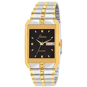 jainx Day and Date Black Dial Golden Chain Analog Wrist Watch for Men - JM1130