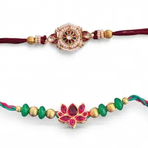 Ideaz unlimited Designer Lotus Motif & Traditional Floral Design Rakhi | Gold-tone & Red Thread for Rakshabandhan | Pack of 2 Rakhi with Roli Chawal
