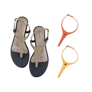 Cameleo -changes with You! Women's Plural T-Strap Slingback Flat Sandals | 3-in-1 Interchangeable Strap Set | Olive-Green-Red-Yellow