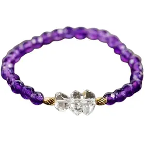 Lady Works Natural Amethyst & Herkimer Diamond 6-7X10mm Round & Fancy Shape Faceted Cut Beads 7.5 Inch Stretchable Bracelet For Men & Women. Unisex Bracelet For Healing, Meditation & Luck|LW_BRST_00476_7.5