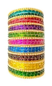 Latest Stylish Multicolour Golden Raindrops Glass Bangles set for women's & Girls/Chuda Traditional Handcrafted Indian Bangles (Set of 28)/Festive & Special Occassions