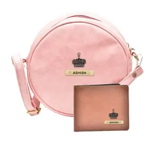 YOUR GIFT STUDIO : Classy Leather Customized Chained Sling Bag Round + Men's Wallet - Light Pink Brown