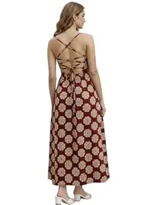 Aahwan White Printed Round Neck Sleeveless Backless Long Indo Western Fusion Dress for Women's & Girl's
