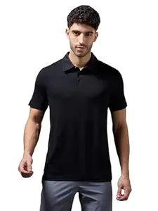 TECHNOSPORT Men's Solid Slim Fit Polo Collar T-Shirt COTFLEX Half Sleeve Button Polyester for Gym Running Workout UPF50+ Anti Odour