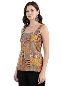 Pinkmint Kurti for Women Printed Sleeveless Women's Kurti Top with Back Tie-Up | Cotton Blend Ethnic Fusion Women Top for Office Wear, Casual Wear, Beach College, Festive & Party Look