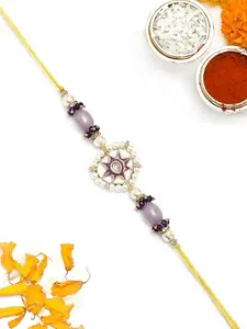 Karatcart Gold Plated Purple Meena Kundan Bhiya Rakhi with Roli & Chawal