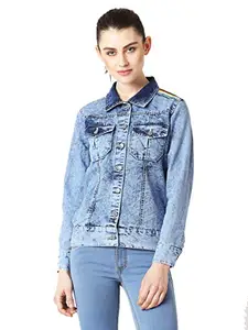 Miss Chase Women's Collared Full Sleeve Buttoned Ice Wash Twill Tape Detailing Denim Jacket(MCSS19DEN05-20-158-05, Light Blue, Large) (MCSS19DEN05-20-158 L)