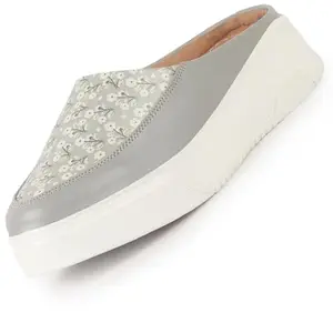 FAUSTO NFST FJDWC-7020 GREY-36 Women's Stiched Floral Print Back Open Height Enhancer Flatform Heel Slip On Casual Shoes (3 UK)