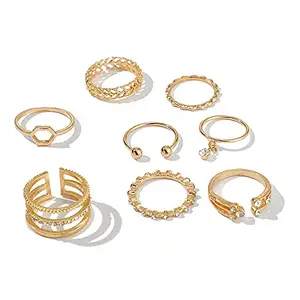 Vembley Gold Plated 8 Piece White Crystal Drop Heart Multi Designs Ring Set For women and Girls.