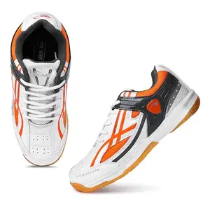 PRO ASE Badminton Shoes for Mens- Indoor Non-Marking Badminton Training Shoes for Mens & Boys (White & Orange, UK 04)