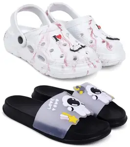 Pampy Angel Combo Pack of 2 Slipper/Flip Flops/Slides/Clogs/Sandals with Adjustable Back Strap for Women,(WCL-LGirl-White,Tra-Space-Black),39 (Euro)