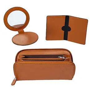 Thylable Vegan Leather Ladies Wallet, Card Holder and Mirror Travel Set for Women - Tan