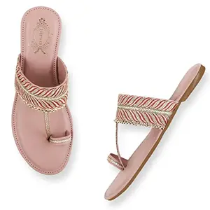 DIPYO Women Stylish Fancy Flats Sandal | Women Flat Slipper | Sandal for Women | Casual Flat Sandal for Party | (Peach, 38)