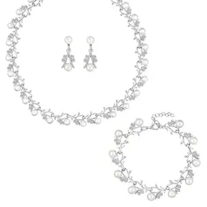 Peora Silver Plated Pearl & Crystal Studded Fancy Necklace Bracelet with Drop Earrings Fashion Jewellery Gift for Women & Girls