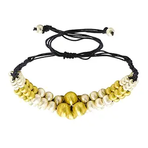 Yellow Chimes Traditional Gold and Silver Beads Design Hand Made Dori Thread Choker Necklace for Women and Girls