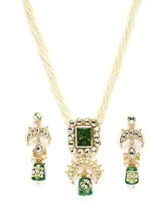 Karatcart Gold Plated Green Carved Stone and Tumble Studded Kundan Rani Haar Necklace Set for Women