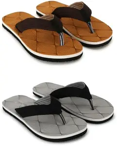 Footexo Men’s Casual Slippers Combo – Warm House Slippers, Breathable Comfort with Durable sole | Material : Eva - for Indoor & Outdoor Use| (101) | Color GREY & TAN | Size : 6