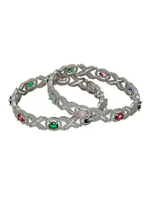 Priyaasi Blue Green Stone Studded AD Silver-Plated Bangle Set of 2