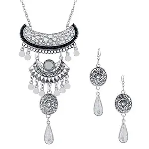 ZIVOM® Oxidised Afghani Bohemian Tribal German Silver Drop American Diamond Beads Curb Brass Long Chain Necklace Earring Set Girls Women