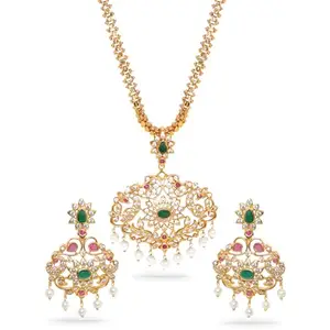 Rubans Women's 24K Gold-Plated Kundan & Emerald Stone Studded Necklace Set With Pearl Drops And Chandbali Earring