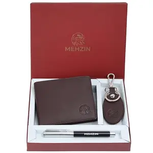 MEHZIN Men Formal Brown Genuine Leather RFID Wallet with Pen & Key-Chain Combo Set (6 Card Slots)