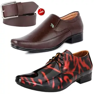 Stylish Trendy Formal Shoes/Party Shoes/ 2 Shoes Combo with Free Belt for Men and Boys (BAZAAR8663_VTR01-Blk-Red-2006-Bdr) Multicolor