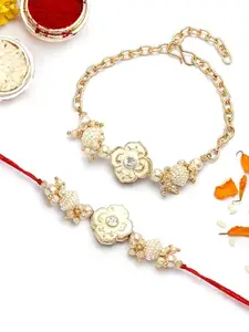 Karatcart Gold Plated White Meenakari Floral Kundan Bhiya Bhabhi Rakhi with Roli & Chawal