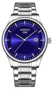 NIBOSI Men's Watch Analog, Stainless Steel Band, Date Display, Business Casual Dress Watch – Perfect Birthday Rakhi Gift for Men (Silver-Blue)
