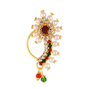 VFJ VIGHNAHARTA FASHION JEWELLERY Vighnaharta Gold Plated with Pearl CZ and Artificial stone Non Piercing Maharashtrian Nath Nathiya./ Nose Pin valentine day gift valentineday gift for her gift for him gift for women gift for women {VFJ1188NTH-Press-Multi}