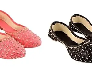 Seven Style Ladies Ethnic Flats for Women's Rajasthani Jutti and Traditional Mojari (Pack of 2)(CJ-01-5) Black,Pink