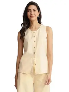 Pink Fort Linen Blend Solid Sleeveless Shirt - Beige