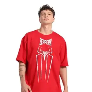 ZEPPERX Red Graphic T-Shirt, Spider Logo Print, Oversized Fit, Short Sleeve