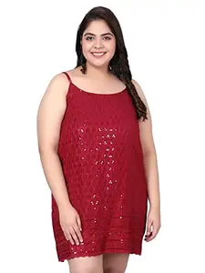 Indietoga Women's Maroon Embroidered & Sequinned A-Line Knee-Length Strap Dress (Plus Size 6XL)