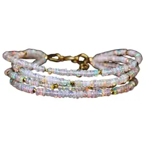 LKBEADS Gold Plated Bracelet with Multicolor Smooth Ethiopian Opal Beads – Rondelle 3mm – 7 inch Adjustable – For Men & Women|LK_STACK_02778