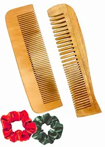 BigBro Pure Natural Wooden 2pc Wide Teeth for Women and Men | Organic Antibacterial Hair Dandruff Remover Styling Comb| Handcrafted (Super Saver Pack of 2 Combs + 2 Velvet Hair Scrunchies)