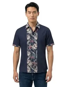 BULLMER Trendy Regular Fit Cotton Blend Printed Casual Half Sleeve Zipper Shirt for Men | Stylish Men’s Casual Shirts | Shirts for Men